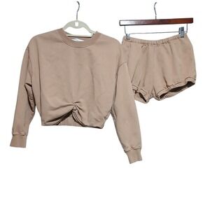 Something Navy Women's XS Tan Quilted Sweatshirt‎ and Shorts Loungewear Set